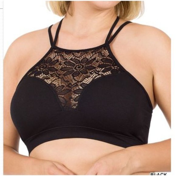 Zenana Outfitters Other - NWOT Zenana Black High Neck Lace Cutout Bralette Sizes 1X/2X & 2X/3X Bra Pads